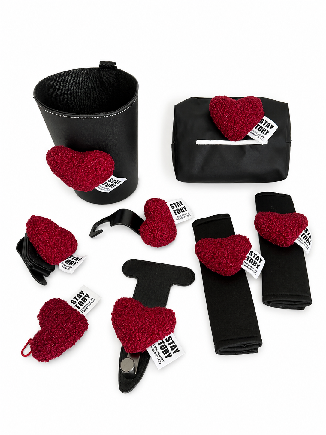 Cozy Red Heart Car Accessory Set – 8 Piece